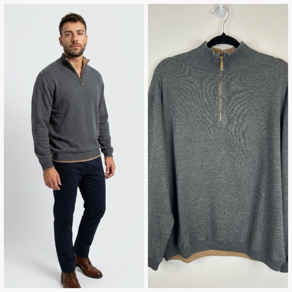 Quarter Zip Mock Neck Size XL Gray Sweater Pullover Cotton Preppy Casual Classic